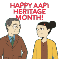a man and a woman are standing next to each other with the words happy aapi heritage month written above them