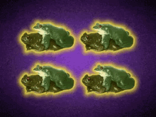 four green frogs are sitting on a purple surface