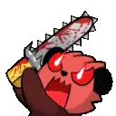 a cartoon character is holding a bloody chainsaw in its hand .