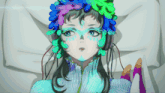a girl with headphones and flowers on her face