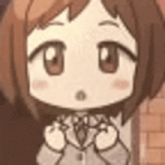 a close up of a cartoon character with brown hair making a heart with her hands .