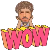 a cartoon of a man with curly hair and the word wow