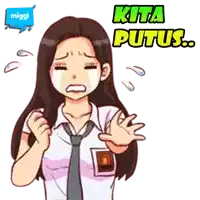 a girl in a school uniform is crying with the words kita putus behind her
