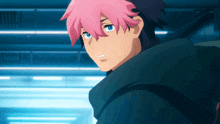 a cartoon character with pink hair and blue eyes looks at the camera