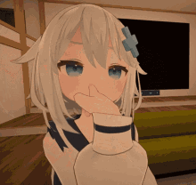 a girl with white hair and blue eyes covering her mouth with her hand