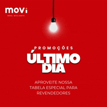 an advertisement for movi shows a light bulb hanging from a ceiling