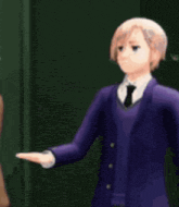 a man in a suit and tie is standing next to another man in a brown jacket .