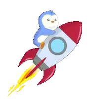 a penguin is sitting on top of a rocket that is flying through the air