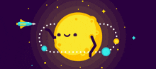 a cartoon illustration of a yellow planet with a rocket going around it