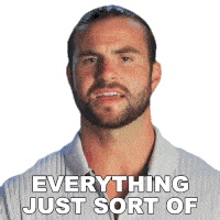 a man with a beard has a sticker on his face that says " everything just sort of "