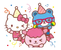 a cartoon of hello kitty a blue bear and a pink sheep