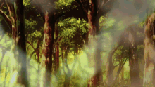 a painting of a forest with trees covered in fog