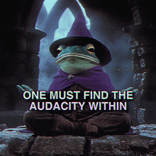 a frog wearing a purple cape and a wizard hat says one must find the audacity within while meditating