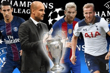 a group of soccer players are standing next to each other and a trophy .