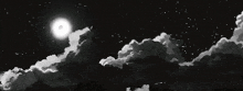 a black and white painting of a full moon in a cloudy night sky