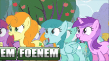 a group of ponies are standing next to each other and the words em foenem are below them