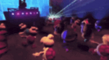 a blurry picture of mickey mouse and minnie mouse dancing at a party