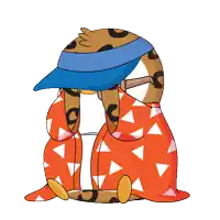 a cartoon drawing of a leopard wearing a blue hat and an orange shirt