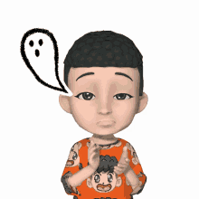 a cartoon character with a ghost speech bubble above his head