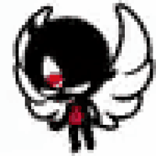 a cartoon character with wings and horns is standing on a white background .