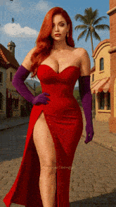 a woman in a red dress and purple gloves is standing on a street