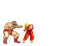 a pixel art drawing of a man fighting another man with a t on his chest