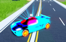 a blue car is driving down a road with a sign that says n on it