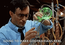a man is pouring a green liquid into a beaker in a lab .