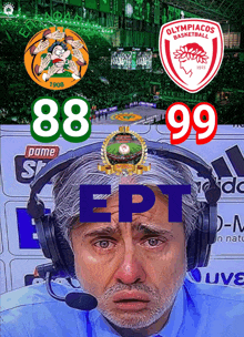 a man wearing headphones with a logo for olympiacos basketball