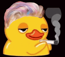 a yellow rubber duck with a mohawk is smoking a cigarette