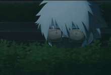 a cartoon character with white hair looks out from behind a bush