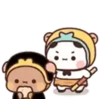 a couple of cartoon characters are standing next to each other on a white background .