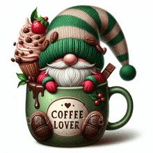 a gnome is sitting in a green cup that says coffee lover on it