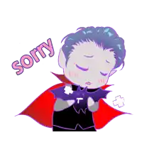 a cartoon of a vampire holding a bat with the word sorry above him