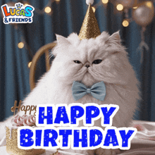 a cat wearing a party hat and a bow tie says " happy birthday "