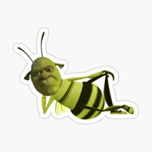 a sticker of shrek as a bee laying on its back