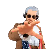 a man wearing sunglasses and headphones holds up a heart and a yellow sticker