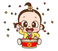 a cartoon baby girl is playing a drum with chinese writing on it