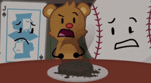 a cartoon of a teddy bear a baseball and a playing card with a spade on it