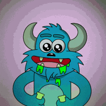 a blue monster with horns and green teeth