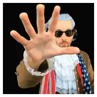 a man wearing sunglasses and an american flag scarf holds his hand out