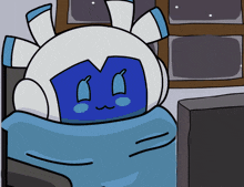 a cartoon drawing of a blue and white robot sleeping