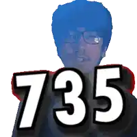 a pixelated image of a man with glasses and the number 735 behind him
