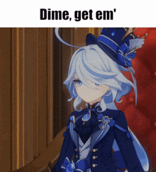 a picture of a girl with the words dime get em