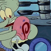 a cartoon of squidward from spongebob squarepants holding a snail in his mouth