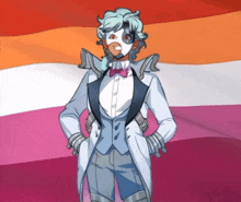 a man wearing a white tuxedo and a mask stands in front of a lesbian flag
