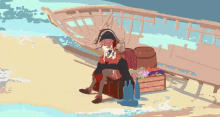 a pixel art of a pirate sitting on a treasure chest