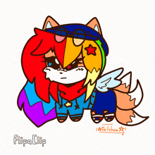 a cartoon drawing of a fox with a rainbow hair and wings says flipa clip