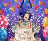 a girl with horns is holding a cake that says " happy birthday "