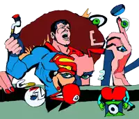 a cartoon drawing of superman and mario with the number 3 in the middle
